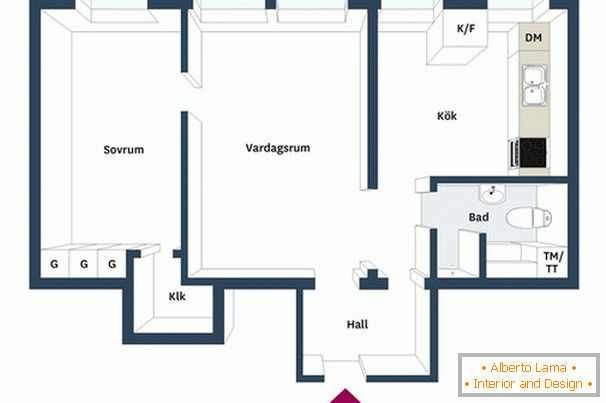 One-room apartment layout