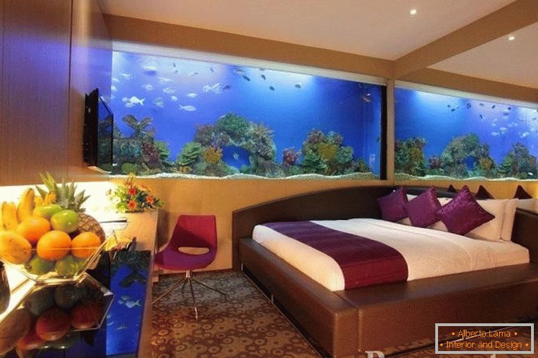 Aquarium in the interior of the bedroom