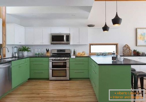Kitchen in white and green color - photo with a dark top