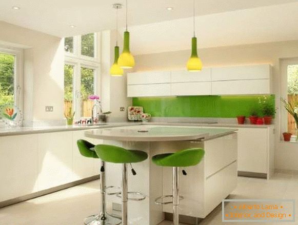 White corner kitchen with green elements - photo