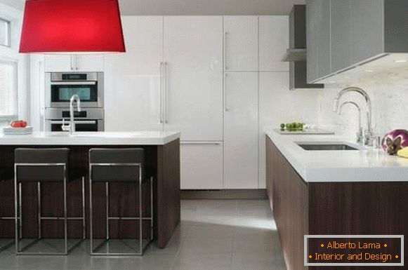 White brown kitchen - photo in the interior with the island