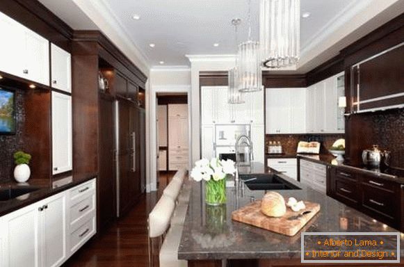 The combination of white and brown in the interior of the kitchen in the photo