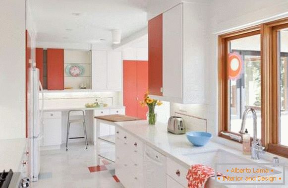 Kitchen in white - photo in combination with red elements