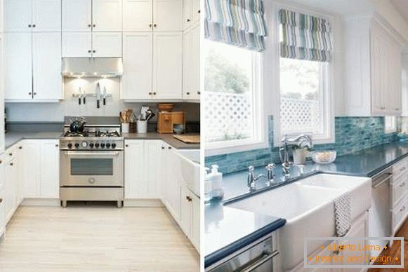 White kitchens with dark gray and blue worktops