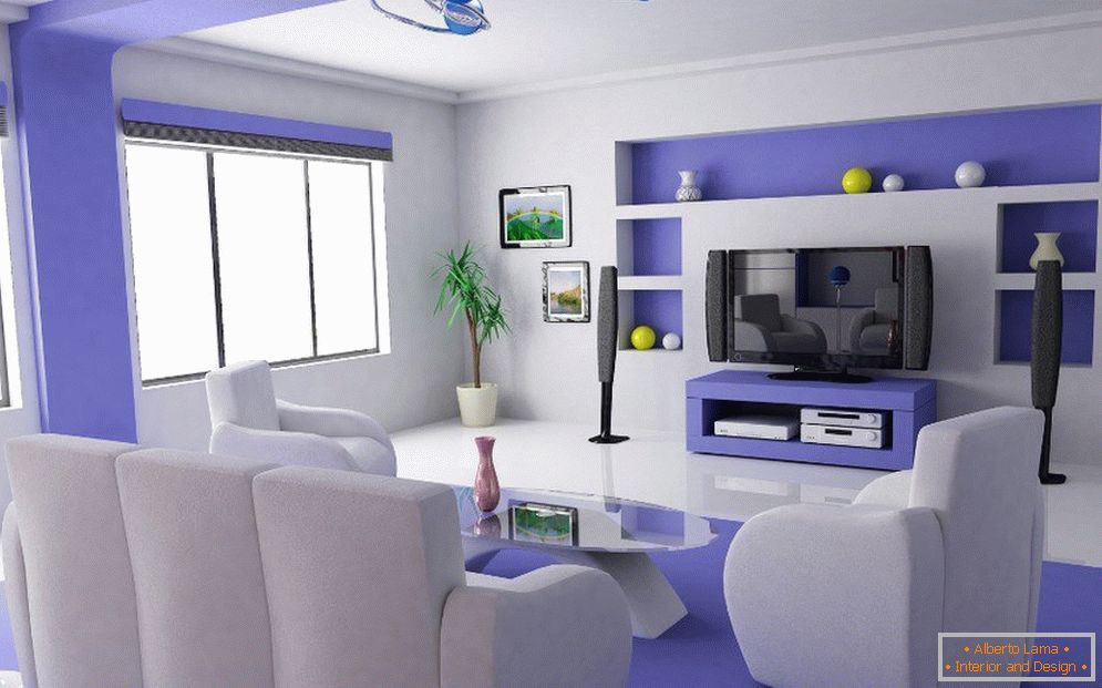 Purple interior with white furniture
