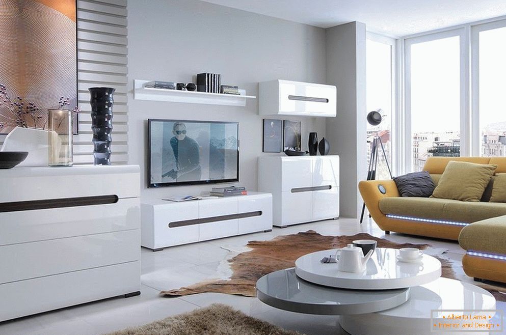 Beautiful interior with white glossy furniture