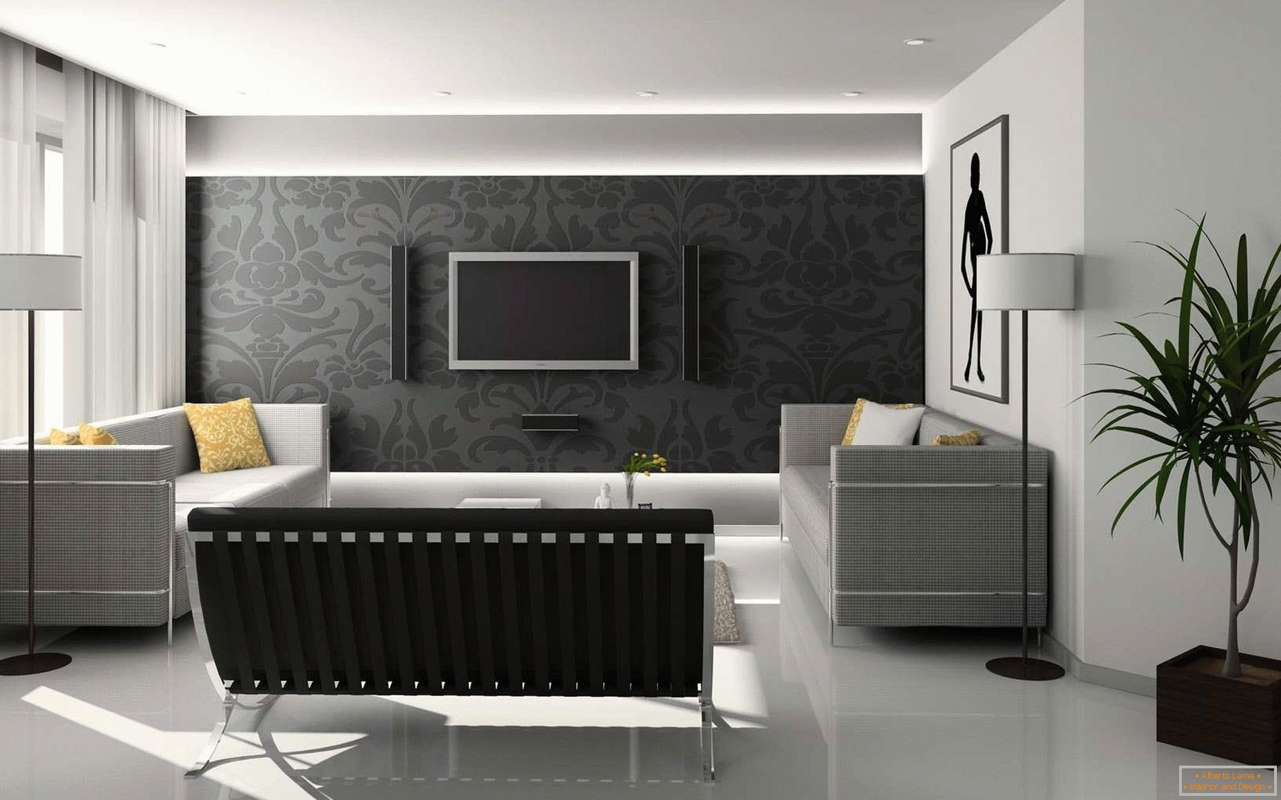 The combination of black and white colors in the interior
