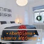 Black and white linens in the interior of the bedroom