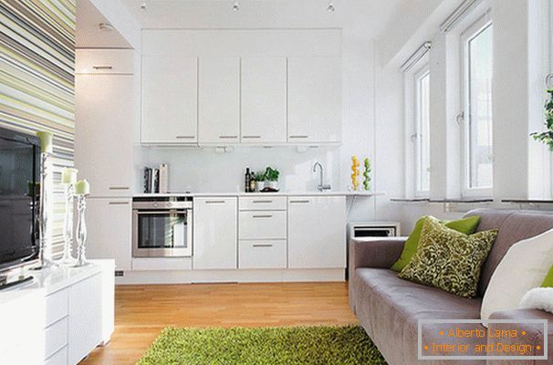 Living room with kitchen in white color