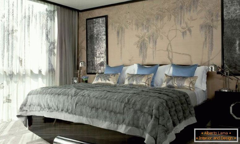 Beige-wallpaper-in-bedroom-with-gray-paintings