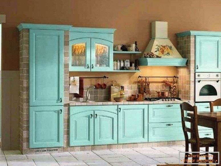 Rustic style kitchen with turquoise facades