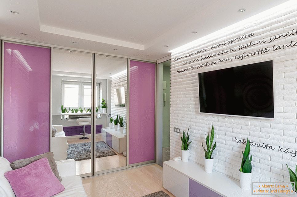 Purple accents in the white living room