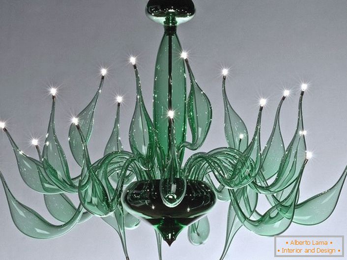 An intricate, ornate chandelier in the style of art deco to decorate a guest room or bedroom.