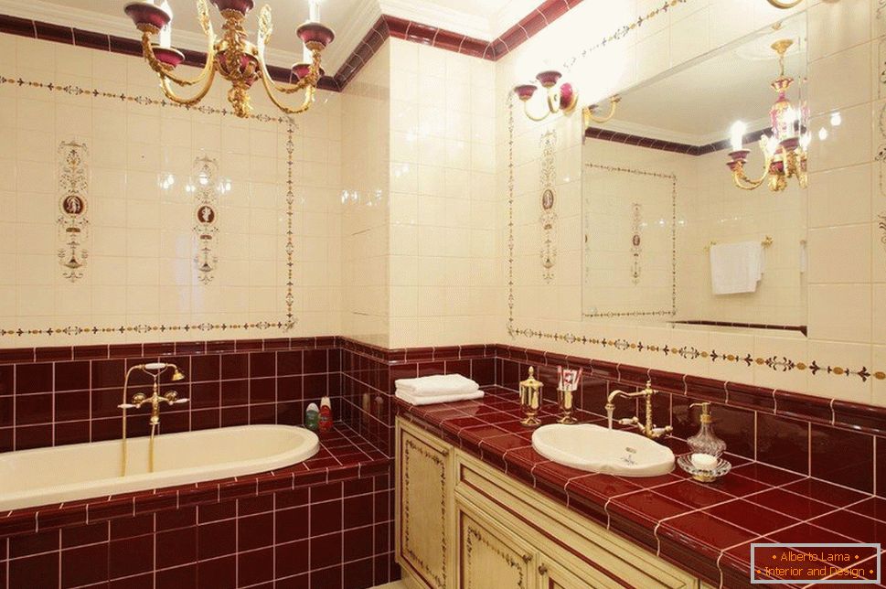 Bathroom комната в плитке бордового цвета