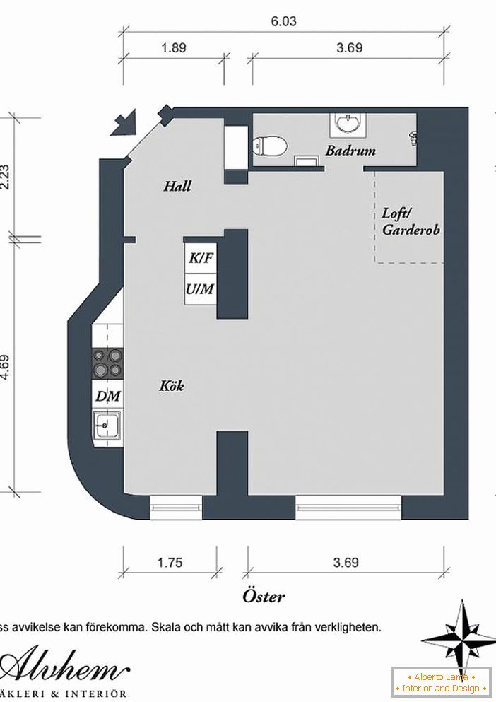 Layout of a one-room apartment in Gothenburg, Sweden