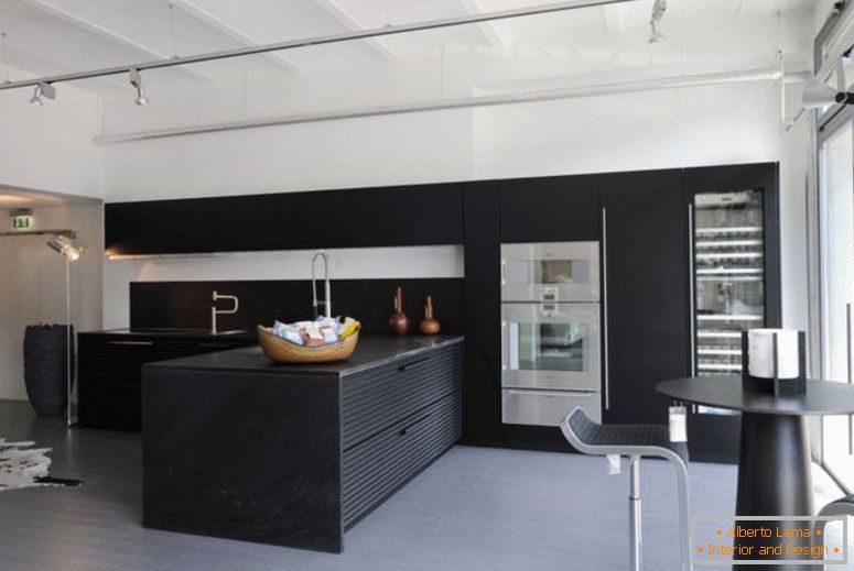 black-stained-wooden-kitchen-cabinet_black-stained-wooden-kitchen-island_black-stained-wooden-display-cabinet light-grey-stained-wooden-floor aluminium-frame-sliding-door