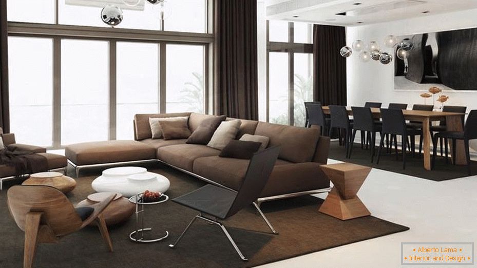 Black and brown decor of the living room