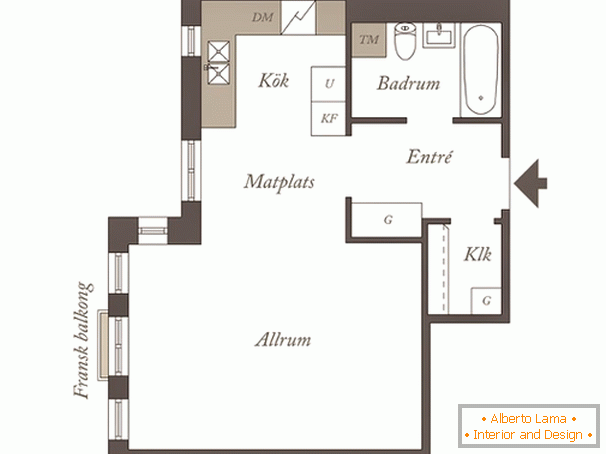 Planning of studio apartment in Scandinavian style