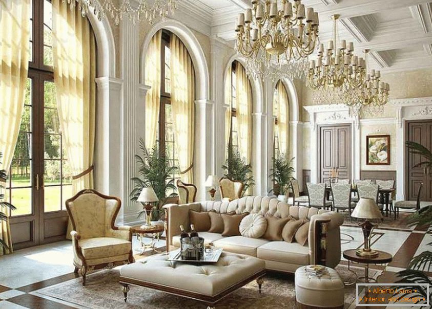 Luxurious interior of the living room in cream colors