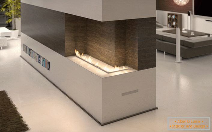 The design of the flare pipe bio fireplace allows the designer to ergonomically place the fireplace in the interior of the living room.