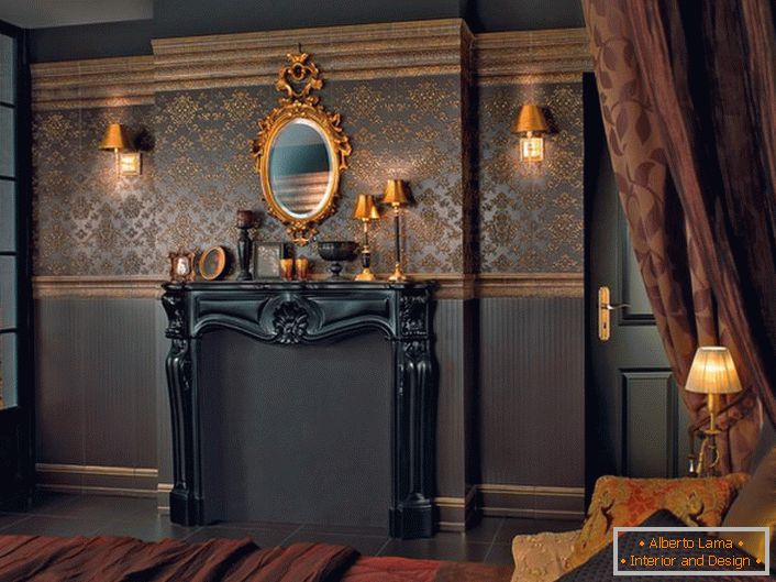 Dark brown wallpaper for the bedroom in the Baroque style. The panel on the whole wall is decorated with symmetrical gold patterns.