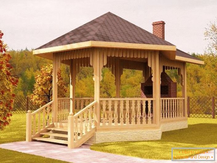 The best decoration for a gazebo in the Scandinavian style is a wood-burning fireplace made of brick or natural stone.