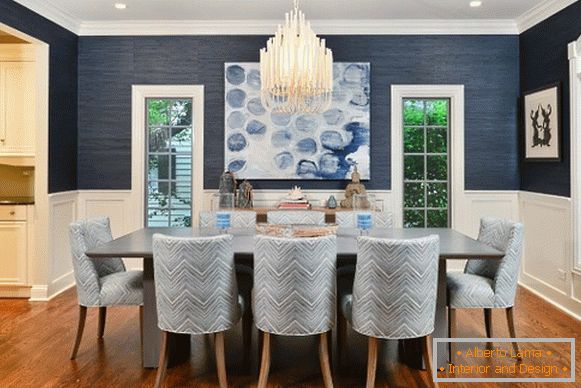 Grasscloth wallpaper and indigo color decor