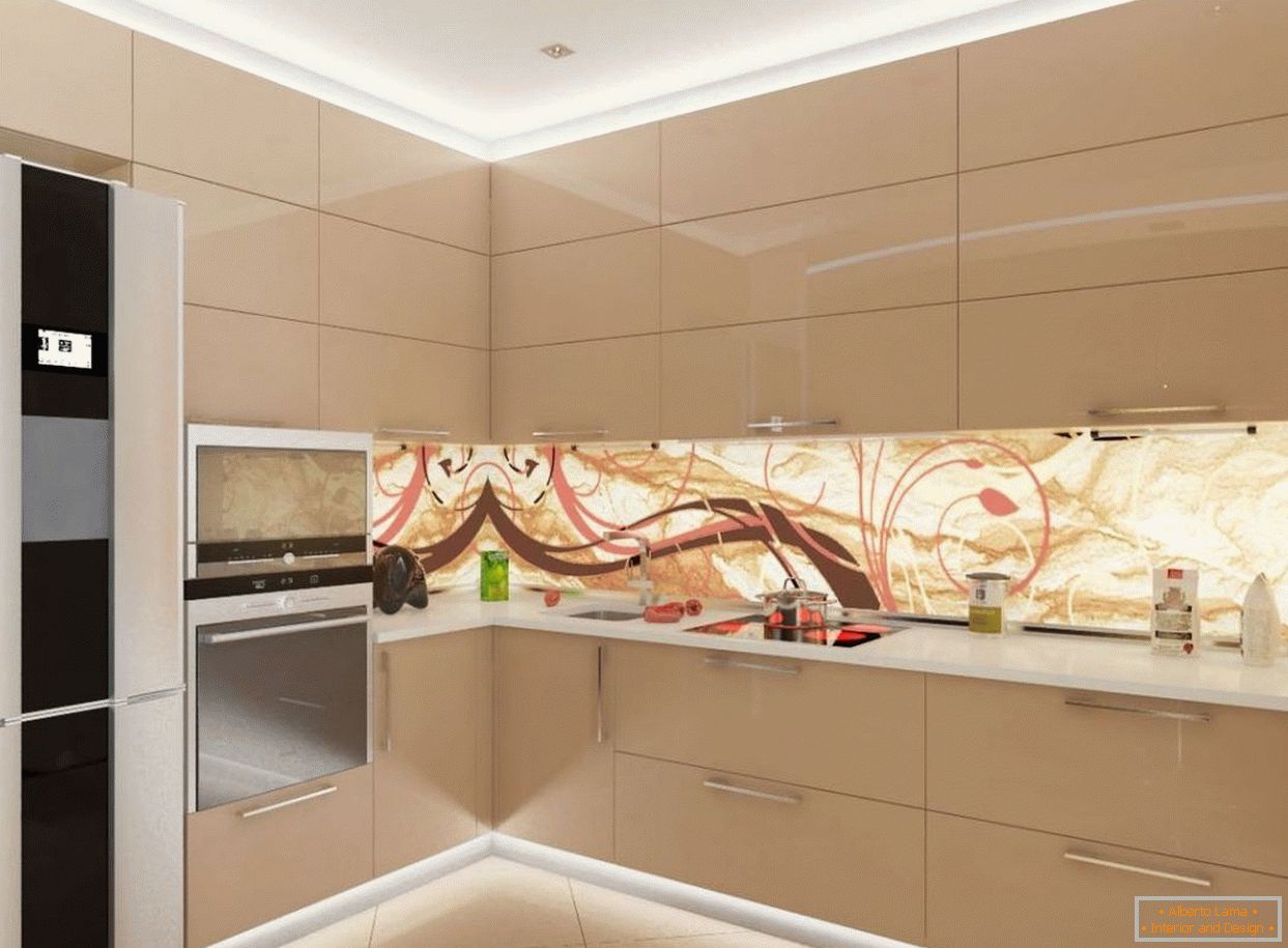 Ceiling с подсветкой на кухне с мебелью цвета капучино