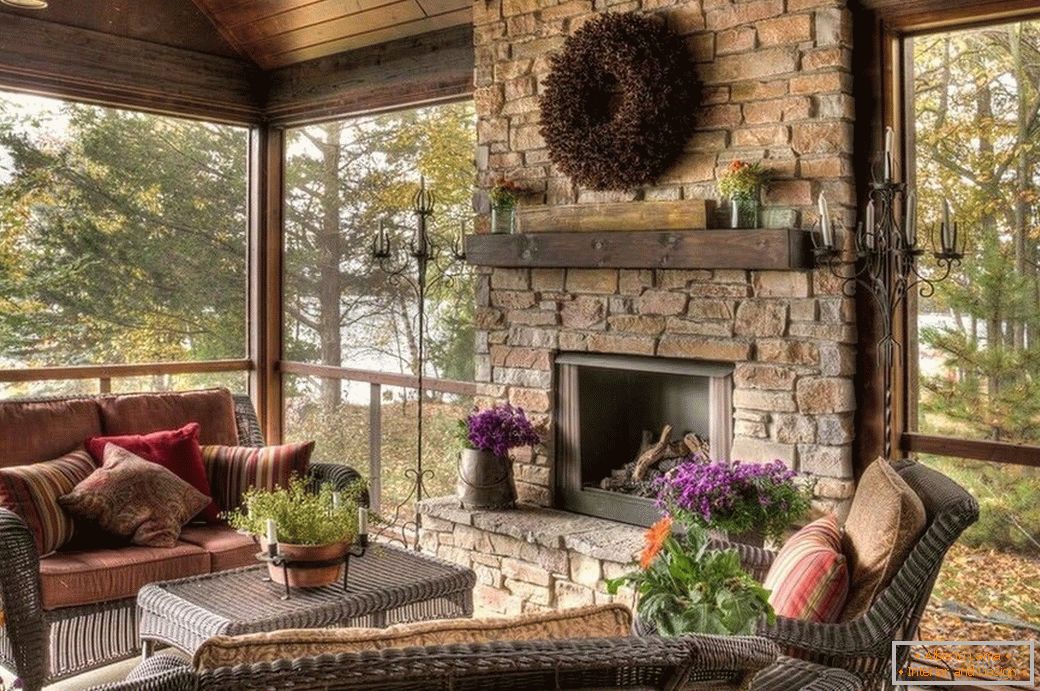 Panoramic windows and fireplace