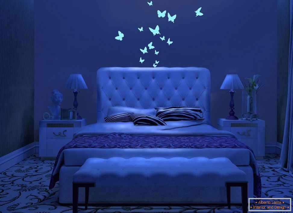 Glowing butterflies in the interior of the bedroom
