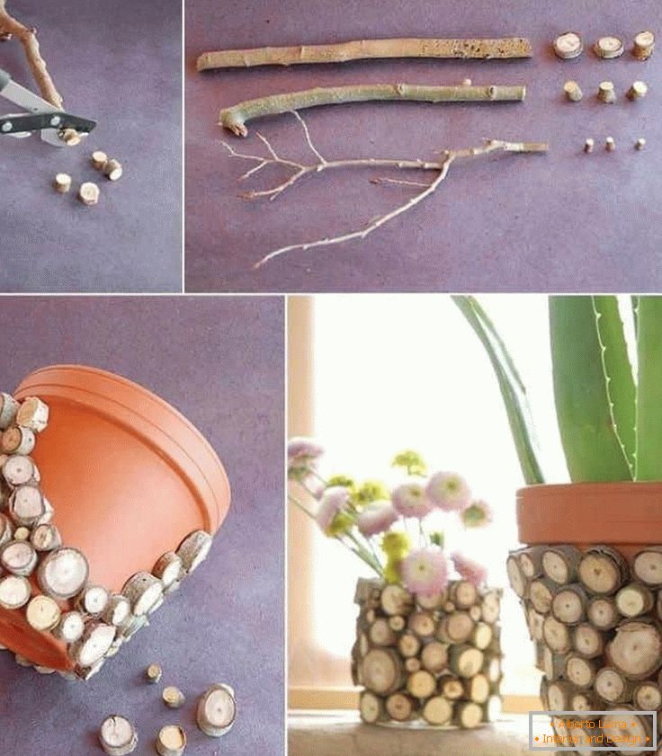 Flower pot decorated with a spade of branches
