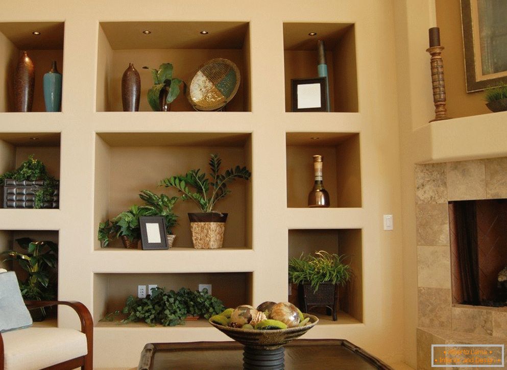 Vases and flowers on the shelves