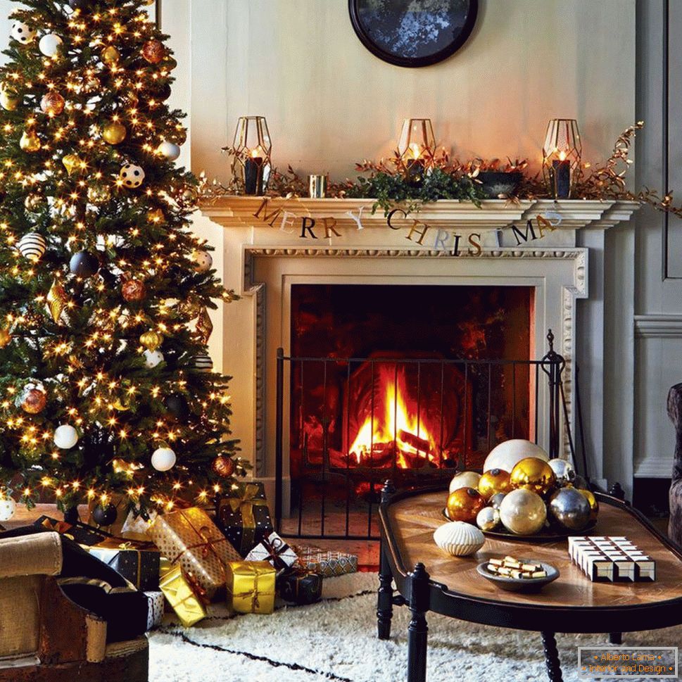 Christmas tree near the fireplace