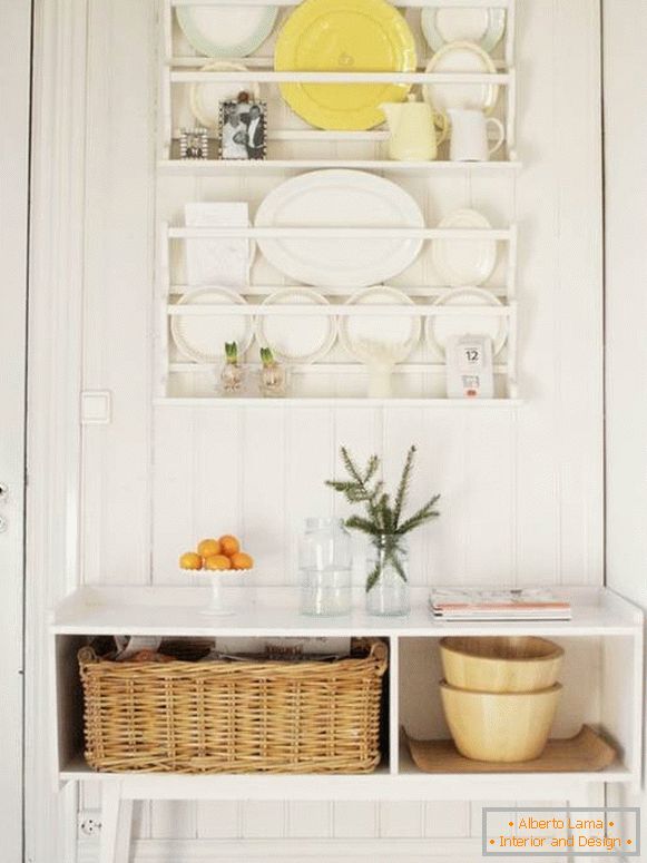 Shelves with dishes like the decor of the kitchen walls