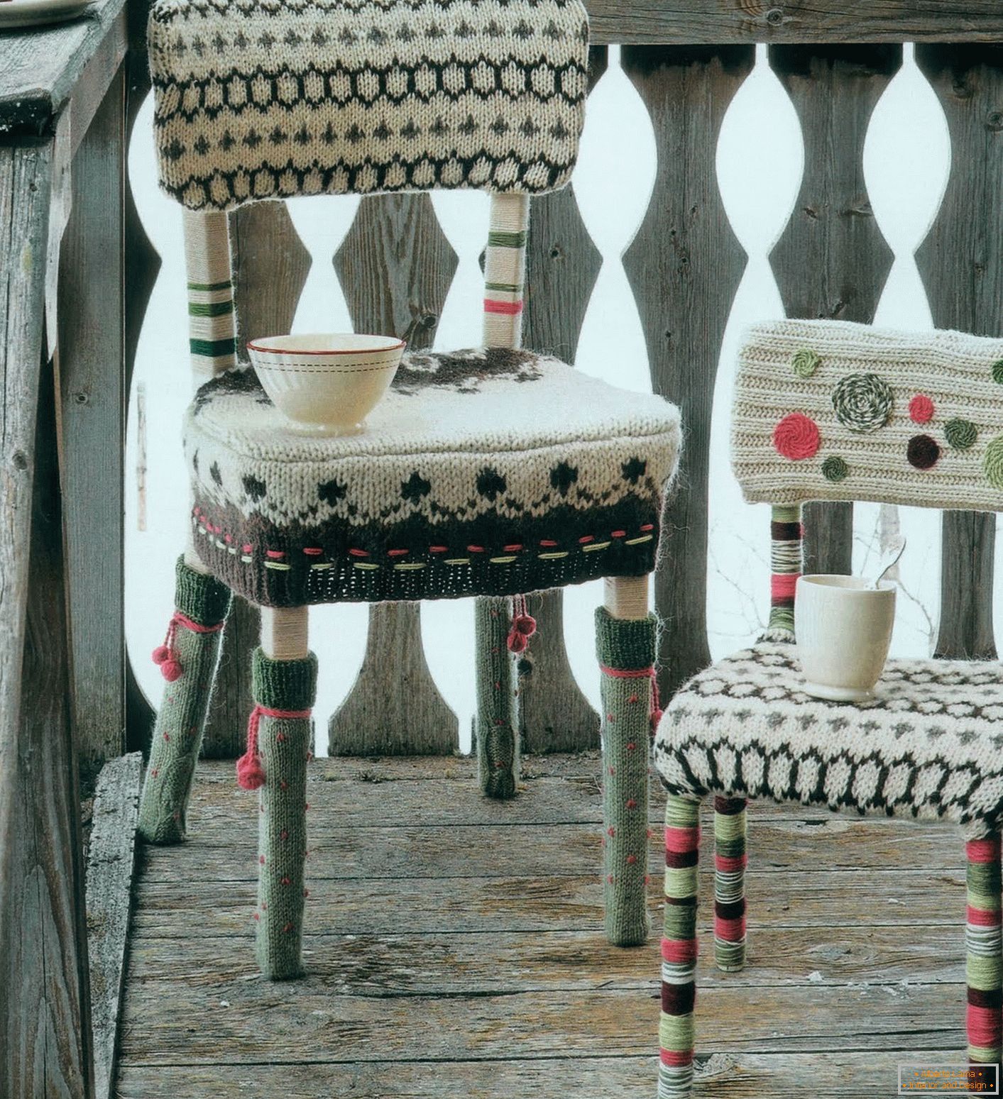Chair with knitted cover on the seat, backrest and legs