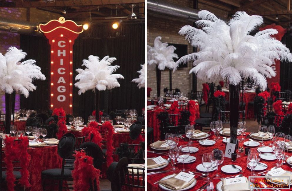 Decor of ostrich feathers on the table