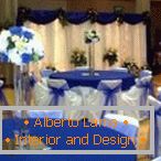 Blue tablecloths on tables
