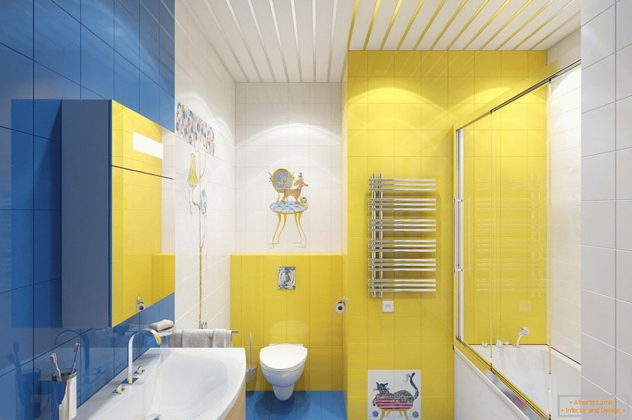 Blue, yellow and white in the bathroom interior