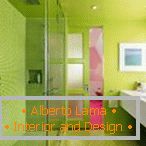 Glass shower and green walls