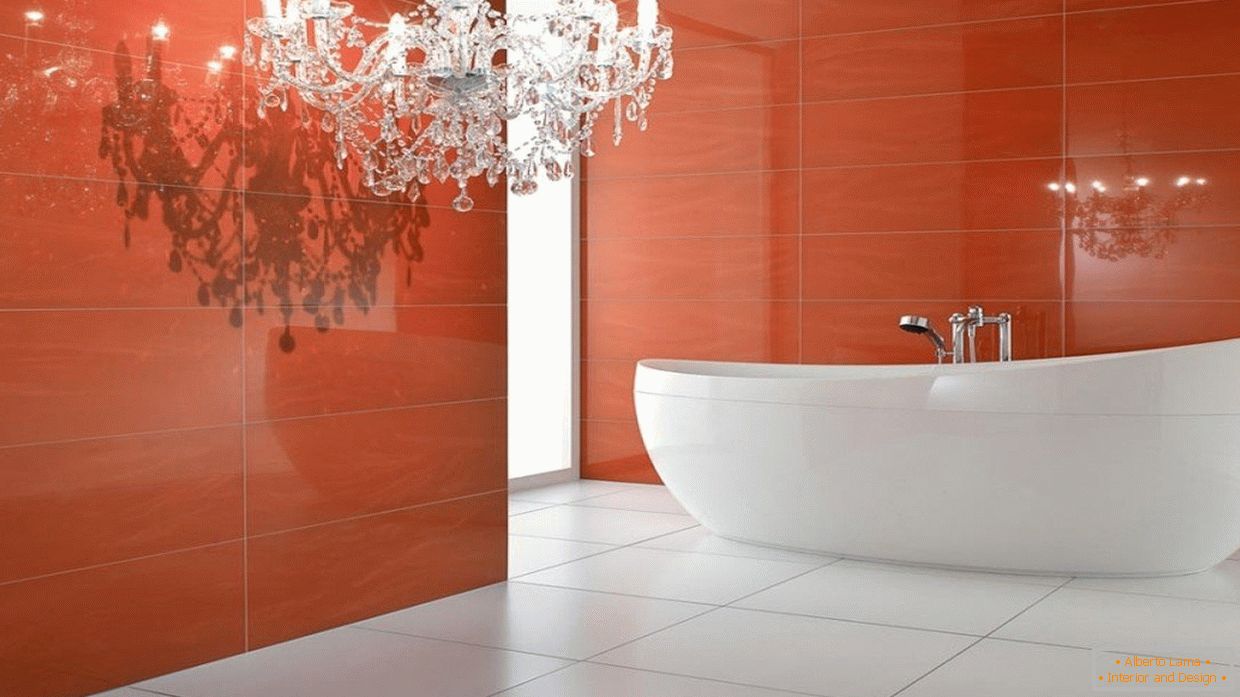 Red walls and white floor in the bathroom