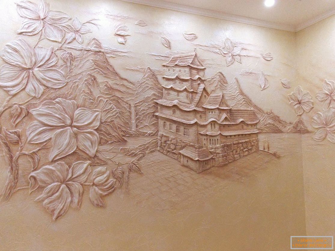 Volumetric drawing with a house and trees from decorative plaster