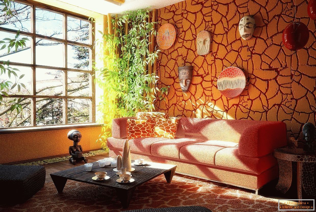 Orange decorative plaster в дизайне гостиной