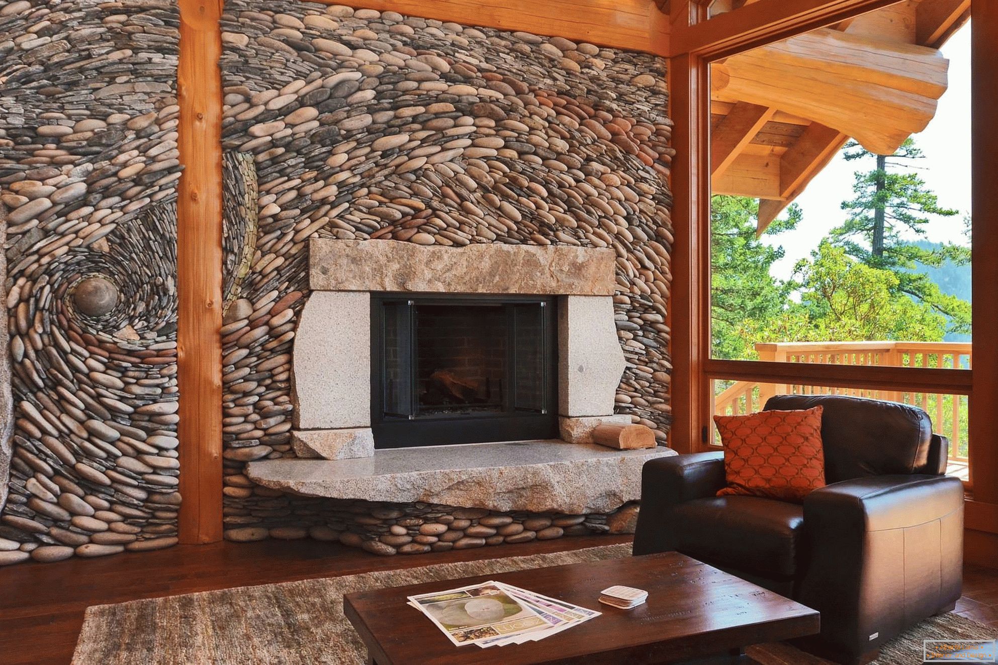 Decorative stone on the wall with a fireplace