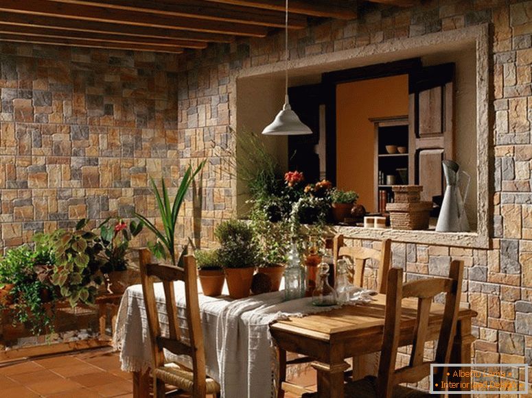 Multi-colored stone on the walls of the kitchen