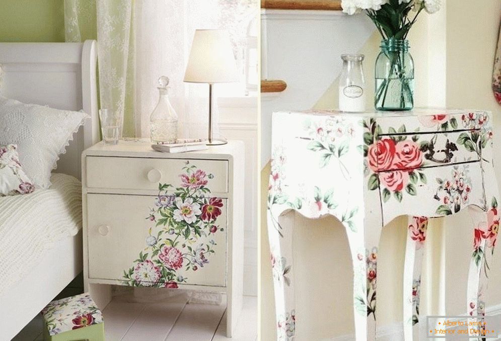 Patterns of flowers on a bedside table and table