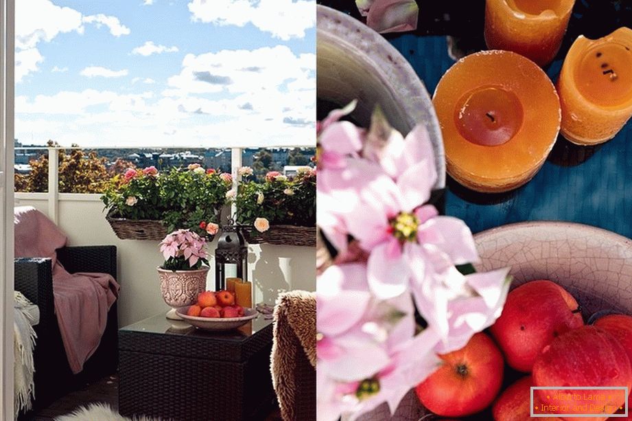 Fruits and candles on the table on the balcony