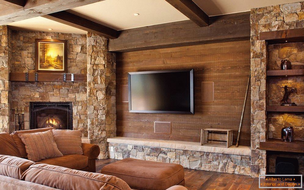 Shelves made of wood in a stone wall