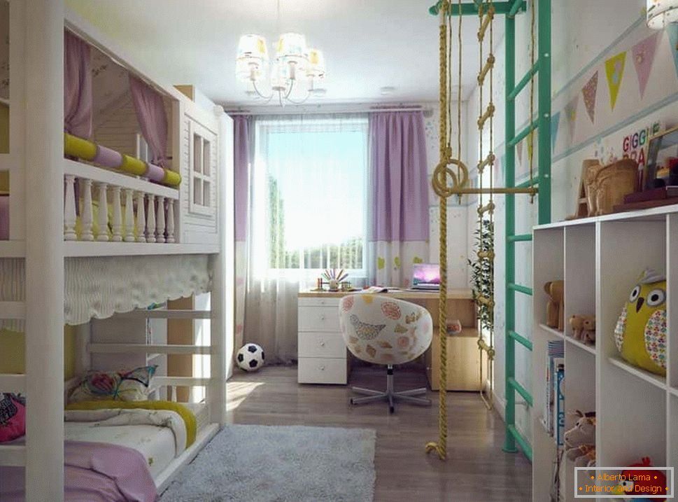 Children's room in Khrushchev with two bunk beds and a Swedish wall