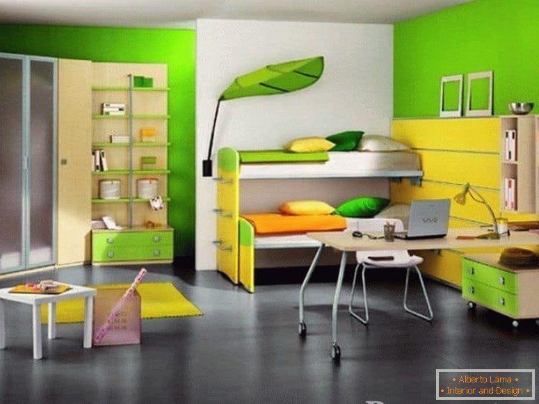 Bright children's room in Khrushchev with nightlight in the form of a leaf