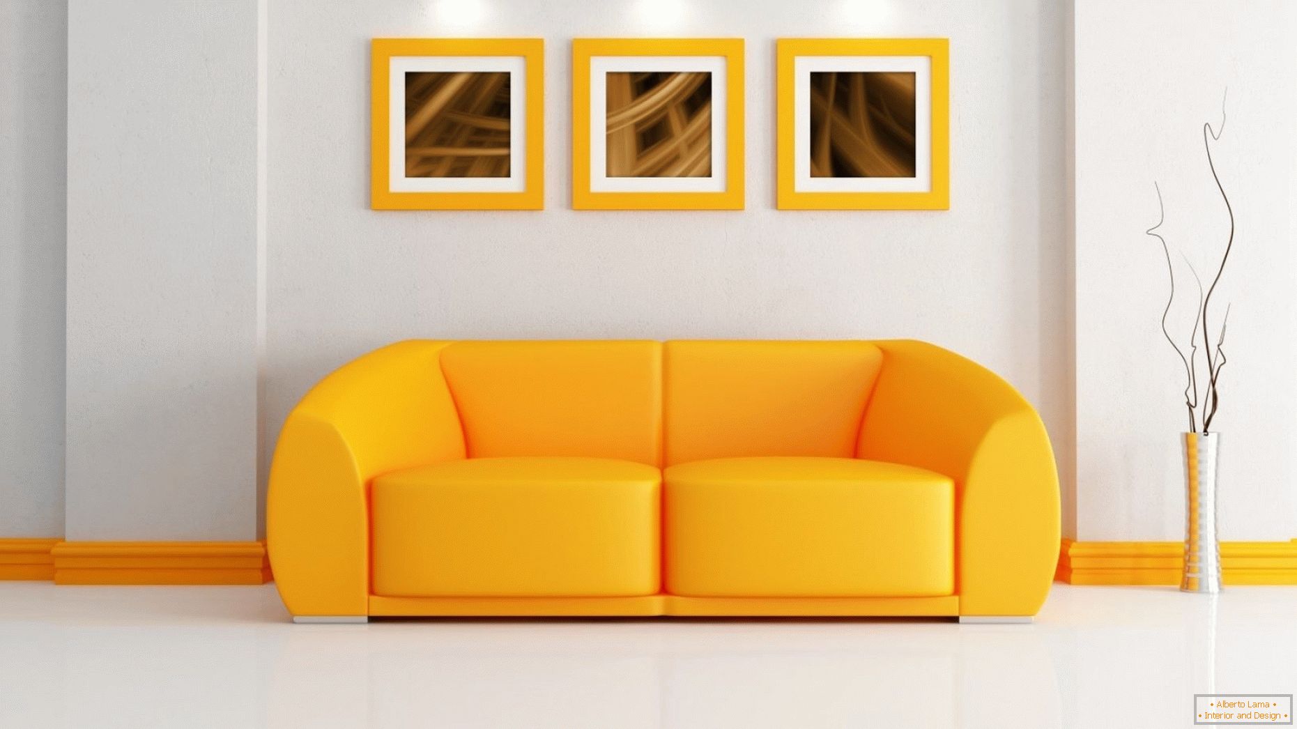 Bright interior with an orange sofa